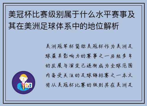 美冠杯比赛级别属于什么水平赛事及其在美洲足球体系中的地位解析