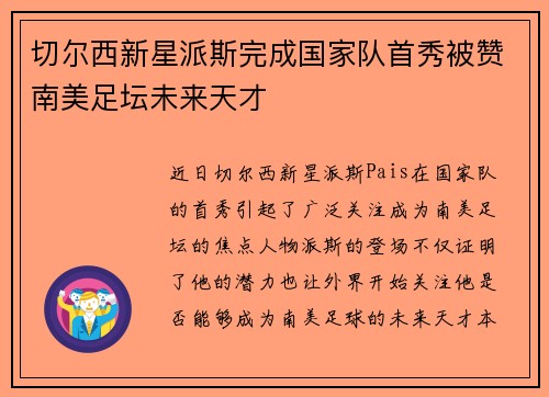 切尔西新星派斯完成国家队首秀被赞南美足坛未来天才 切尔西新星派斯完成国家队首秀被赞南美足坛未来天才