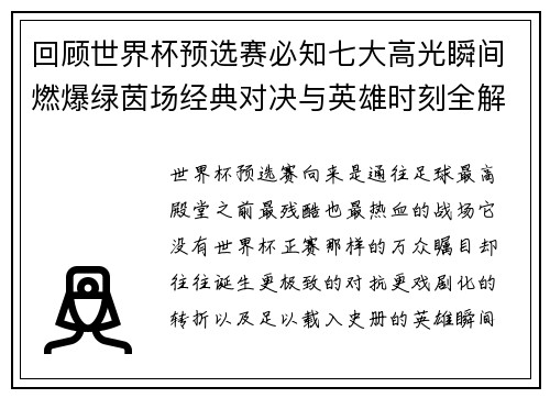 回顾世界杯预选赛必知七大高光瞬间燃爆绿茵场经典对决与英雄时刻全解析
